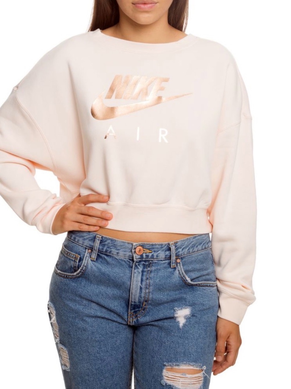 Nike Women's Cropped Crew Sweatshirt in Pale Pink with Rose Gold Logo